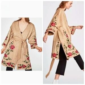 Rare Zara Embroidered Floral Faux Suede Wrap Belted Cardigan Kimono L